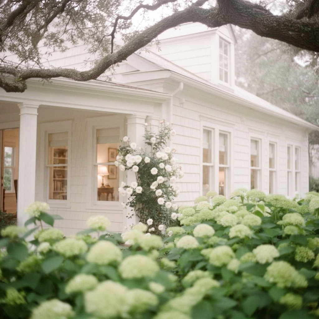 A quiet, refined American home framed by live oaks